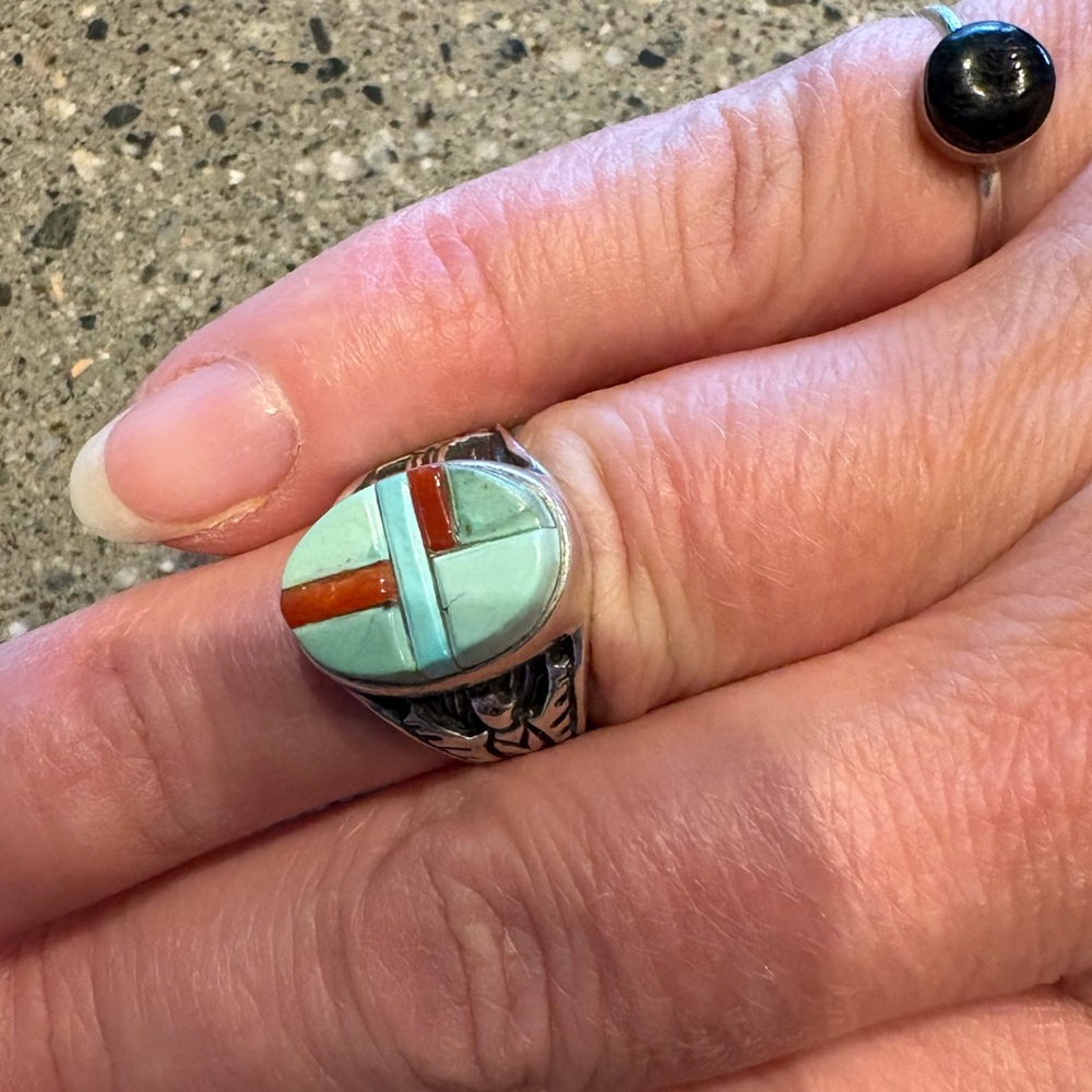 Turquoise and Coral Inlay Silver Ring